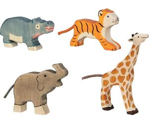 Holztiger 80632 Animales Salvajes Animales Niños - Juego de 4 Lindas Figuras de Madera - Elefante, Jirafa, Tigre, hipopótamo - Pintados a Mano para niños - Hecho en Europa