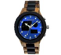 Holzwerk Germany Reloj analógico digital para hombre hecho a mano, de madera natural, con luz LED, azul, marrón y negro, Azul.Marrón