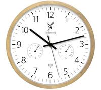 Holzwerk WEGBERG - Reloj de pared inalámbrico, indicador de temperatura, higrómetro, medidor de humedad, reloj de madera, reloj de radio silencioso, sin ruido de tictac, color marrón haya, blanco