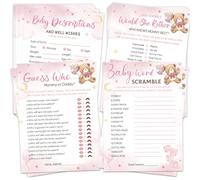 HOMANGA Juegos de baby shower, 4 juegos para 25 invitados, Who Knows Mommy Best, Guess Who Mommy or Daddy, Word Scramble, decoración de baby shower con diseño de oso rosa