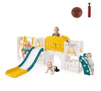 HOMASIS 10 en 1 Toboganes Infantiles con Escalera para Trepar, Tobogán de HDPE para Interiores con Cesta de Baloncesto, Juguetes para Patio de Juegos Montessori para Niños (Amarillo+Verde)