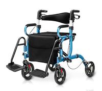 HOMASIS 2 en 1 Andador con Ruedas PVC para Ancianos, Andador Plegable con Asiento y Mangos de 6 Alturas Ajustables, Silla de Transporte, Marco de Aluminio, Hasta 160 kg (Azul)