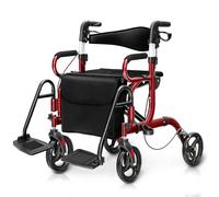 HOMASIS 2 en 1 Andador con Ruedas PVC para Ancianos, Andador Plegable con Asiento y Mangos de 6 Alturas Ajustables, Silla de Transporte, Marco de Aluminio, Hasta 160 kg (Rojo)