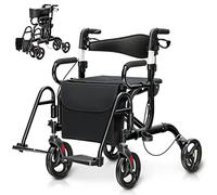 HOMASIS 2 en 1 Andador con Ruedas PVC para Ancianos, Andador Plegable con Asiento y Mangos de 6 Alturas Ajustables, Silla de Transporte, Marco de Aluminio, Hasta 160 kg (Negro)