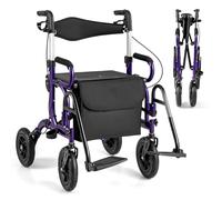 HOMASIS 2 en 1 Andador Plegable de Altura Ajustable con 4 Ruedas, Andador de Aluminio con Freno de Mano Portaparaguas, Asiento y Respaldo Reversible, para Personas Mayores, Carga 136 kg (Violeta)