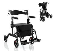 HOMASIS 2 en 1 Andador Plegable de Altura Ajustable con 4 Ruedas, Andador de Aluminio con Freno de Mano Portaparaguas, Asiento y Respaldo Reversible, para Personas Mayores, Carga 136 kg (Negro)