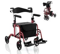 HOMASIS 2 en 1 Andador Plegable de Altura Ajustable con 4 Ruedas, Andador de Aluminio con Freno de Mano Portaparaguas, Asiento y Respaldo Reversible, para Personas Mayores, Carga 136 kg (Rojo)
