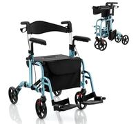HOMASIS 2 en 1 Andador Plegable de Altura Ajustable con 4 Ruedas, Andador de Aluminio con Freno de Mano Portaparaguas, Asiento y Respaldo Reversible, para Personas Mayores, Carga 136 kg (Azul)