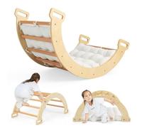 HOMASIS 2 en 1 Escalada Infantil de Madera Montessori, Triángulo de Escalada con Cojín, Recorrido de Motricidad para Bebés, Caballo Mecedora para Niños 3 Años+ (Natural)