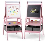 Homasis 3 en 1 Pizarra Infantil de Madera con Espacio de Almacenamiento, Cabaleste de Arte con Pizarra Blanca, Pizarra de Tiza y Rollo de Papel, para Niños de de 3-6 Años (Rosa)