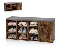 HOMASIS 3 Niveles Banco Zapatero con Estantes Ajustables, Zapatero de Madera con 9 Compartimentos y Cojín Acolchado, Banco de Almacenamiento para Pasillo, Sala de Estar, 110,5 x 30 x 49 cm (Marrón)