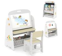 HOMASIS 4 en 1 Juego de Mesa Artística para Niños con Silla, Escritorio, Pizarra Magnética, Pizarra Negra y Estante, Caballete Ajustable en Ángulo con Goma y 5 Tizas (Natural)