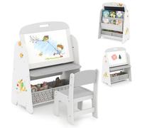 HOMASIS 4 en 1 Juego de Mesa Artística para Niños con Silla, Escritorio, Pizarra Magnética, Pizarra Negra y Estante, Caballete Ajustable en Ángulo con Goma y 5 Tizas (Gris)