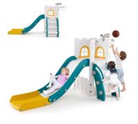HOMASIS 6 en 1 Tobogán Infantil para 1-3 años, Juego de Tobogán con Cesta de Baloncesto y Telescopio, Tobogán Independiente, Escalera de Escalada, Espacio de Almacenamiento (Amarillo y Verde)