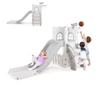 HOMASIS 6 en 1 Tobogán Infantil para 1-3 años, Juego de Tobogán con Cesta de Baloncesto y Telescopio, Tobogán Independiente, Escalera de Escalada, Espacio de Almacenamiento (Gris y Blanco)