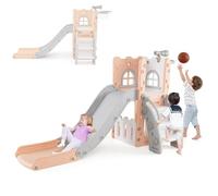 HOMASIS 6 en 1 Tobogán para bebé de 1 a 3 años, juguetes para niños con cesta de baloncesto y telescopio, estructura triangular estable, cesta de baloncesto para niños y niñas (rosa+gris)