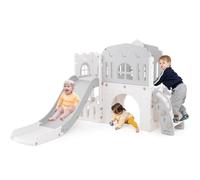 Homasis 9 en 1 Toboganes Infantiles de HDPE con Tobogán en L, Canasta de Baloncesto, Telescopio, Volante, Camino, Túnel y Espacio de Almacenaje, Área de Juegos Interior, a Partir De 1 Año (Blanco)