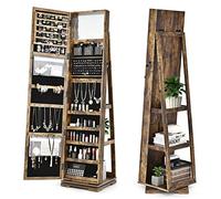 HOMASIS Armario joyero con espejo y estante escalera, giratorio 360°, Organizador de pendientes con gancho de cadena y cierre de anillos, Gran espacio de almacenamiento, 39x39x161cm (Marrón)