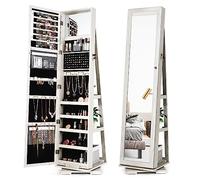 HOMASIS Armario joyero con espejo y estante escalera, giratorio 360°, Organizador de pendientes con gancho de cadena y cierre de anillos, Gran espacio de almacenamiento, 39x39x161cm (Blanco)