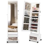 HOMASIS Armario para joyas con 3 espejos, armario con espejo ajustable con luces LED, espejo de 4 ruedas, espejo de cuerpo entero con cerradura con mucho espacio de almacenamiento, color blanco