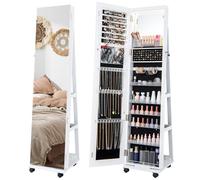 HOMASIS Armario para joyas con ruedas, Armario giratorio con luces LED de 3 colores y estantes ajustables, Espejo joyero de pie para collares, pendientes, maquillaje, 40x38x163cm (Blanco)