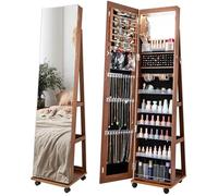 HOMASIS Armario para joyas con ruedas, Armario giratorio con luces LED de 3 colores y estantes ajustables, Espejo joyero de pie para collares, pendientes, maquillaje, 40x38x163cm (Marrón)