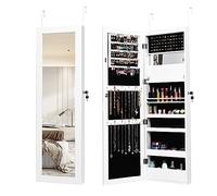 HOMASIS Armario para joyas de pared y puerta, joyero con espejo de cuerpo entero, espejo de maquillaje y 12 LED, espejo interior y cerradura, con ganchos para cadenas y pendientes, 120x37x9cm (Blanco)