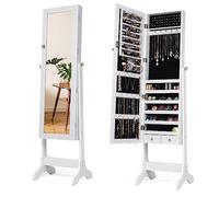 HOMASIS Armario para joyas de pie, Espejo de cuerpo entero con marco, Organizador de maquillaje con cerradura, Joyero 4 esquinas ajustables para anillos, ganchos para collares, 46x37x156cm (Blanco)