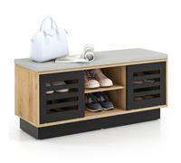 HOMASIS Banco con cajones para Zapatos, Zapatero con Asiento Acolchado, Baúl con 3 estantes Ajustables y 2 Puertas correderas, Zapatero de Madera para Pasillo, Entrada, 99,5 x 34,5 x 46 cm (Natural)