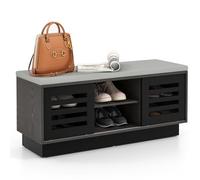 HOMASIS Banco con cajones para Zapatos, Zapatero con Asiento Acolchado, Baúl con 3 estantes Ajustables y 2 Puertas correderas, Zapatero de Madera para Pasillo, Entrada, 99,5 x 34,5 x 46 cm (Negro)