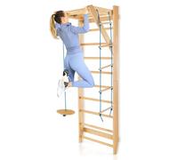 HOMASIS Barra de Pared Sueca con Escalera de Cuerda y Trapecio de Madera Redondo, Escalera de Pared de Gimnasio Interior para Entrenamiento, para Niños y Adultos, Carga 100 kg, 80x60x220cm, Natural