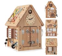 HOMASIS Casa de Juegos para Niños de Madera, Casa de Entretenimiento con Reloj, Grifo, Interruptor, Temporizador, Enchufe y Enchufe, Juegos Sensoriales y Montessori para Niños a partir de 3 años