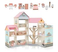 HOMASIS Casa de muñecas de Madera, Juego de casa de ensueño con Muebles y Accesorios, Villa de muñecas con 6 Habitaciones, casa de muñecas de para niñas a Partir de 3 años (Modelo 2)