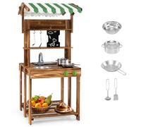 HOMASIS Cocina de barro 2 en 1 para niños al aire libre, cocina infantil con barbacoa, lavabo, fregadero, cocina de juegos de doble cara con accesorios y techo, cocina de juguete de madera de abeto