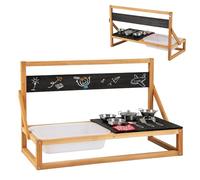 HOMASIS Cocina de Barro y Madera de Abeto Con Pizarra, Fregadero, Accesorios y Paño, Set Infantil de Exterior para Niños de 3+ Años, 81x36x49cm, Natural