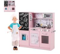 HOMASIS Cocina de juguete con 10 accesorios, Cocina infantil de madera con pizarra, fregadero, horno, microondas, heladera, teléfono y sonidos simulados, para niños de 3+ años, 82x24x80cm (Rosa Claro)