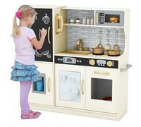 HOMASIS Cocina de Juguete con 10 Accesorios, Cocina Infantil de Madera con Pizarra, Fregadero, Horno, Microondas, Heladera, Teléfono y Sonidos Simulados, 82x24x80cm (Blanco Lechoso)