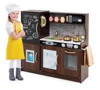 HOMASIS Cocina de Juguete con 10 Accesorios, Cocina Infantil de Madera con Pizarra, Fregadero, Horno, Microondas, Heladera, Teléfono y Sonidos Simulados, para Niños de 3+ Años, 82x24x80cm (Marrón)