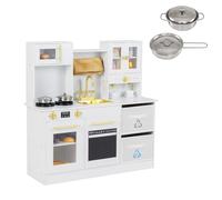 HOMASIS Cocina de Juguete de Madera, Cocina Simulada con Fregadero, Grifo, Microondas, 2 Cajones de Tela, Hornillos con Efectos Sonoros y Luminosos, Cocinita Infantil para Niños de 3+ Años (Blanco)
