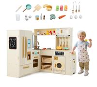 HOMASIS Cocina de Madera para niños de Esquina, Cocina de Juguete con luz y Sonido, Incluye 22 Accesorios, cocinita de Juguete con Cubo de Basura, Fregadero, Horno, microondas, máquina de Helados