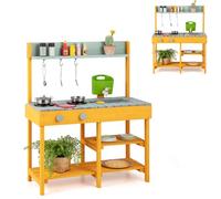 HOMASIS Cocina Infantil de Barro, Cocina Juguete con dispensador de Agua, Fregadero, Cocina de Juegos de Madera con Sonido, 3 Ganchos y estantes, para Exterior, niños de 3+ años, 75x35x92cm (Naranja)