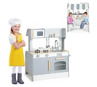 HOMASIS Cocina Juguete para niños, Cocina de Juego Doble Cara para Niños, Juguetes Bios Montessori Interactivo con Microondas, Café y Horno, para 3-7 Años, Gris