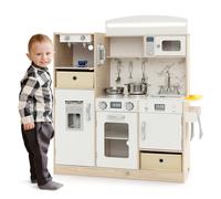 HOMASIS Cocinita de Madera, Cocina Juguete con Luces LED Ajustables, Cocina Realista con Contenedores de Tela Extraíbles, Cafetera, Nevera y Muchos Accesorios, Juego Cocinitas 3 Años