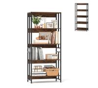 HOMASIS Estantería con 5 Niveles, Librería Industrial de Pie con Estantes Metálicas Ajustables, Estantería Esquina de Almacenaje con Dispositivo Antivuelco para Salón, Estudio (Marrón)