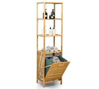 HOMASIS Estantería de baño con cesto extraíble y 3 Compartimentos Abiertos, Armario Alto de bambú, Estante con asa de baño, Habitaciones pequeñas, lavadero, 40x33x160cm, Natural