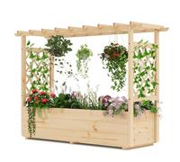 HOMASIS Jardinera con 2 enrejados y estante en el techo, bancal alto con enrejado, jardinera de madera para plantas trepadoras, macetero para jardín, balcón, terraza (150 x 50 x 104 cm, natural)