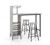 HOMASIS Juego de Mesa de Bar con 2 taburetes de Bar, Mesa de Comedor con Soportes para Copas de Vino y estantes para 6 Botellas de Vino, Mesa Bistro Industrial para Cocina, 120x40x121,5cm (Gris)