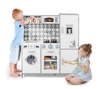 HOMASIS Juguete de Cocina Infantil de Madera, Cocina Infantil con Grifo, Lavadora, Microondas y Cocina de Gas con Luz y Sonido, Juego de Cocina para Niños Mayores de 3 Años (Blanco)