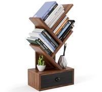 HOMASIS Librería con cajón de Tela sin Tejer en Forma de árbol, Estantería de pie de 5 Niveles en Madera, Estantería de Almacenamiento para Dormitorio, salón y Oficina (30x17,5x60cm, Marrón)