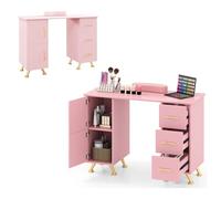 HOMASIS Mesa de Manicura con 3 Cajones y 2 Armarios Grandes, Mesa Manicura con Almohadilla para la Muñeca, Estación de Trabajo de Uñas de Madera para Spa, Salón de Belleza (Rosa)